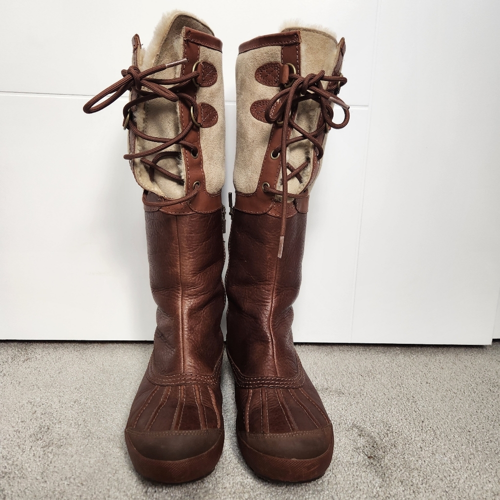 UGG Brown & Cream Lace-Up Winter Boots with Shearling Trim - Picture 2 of 15